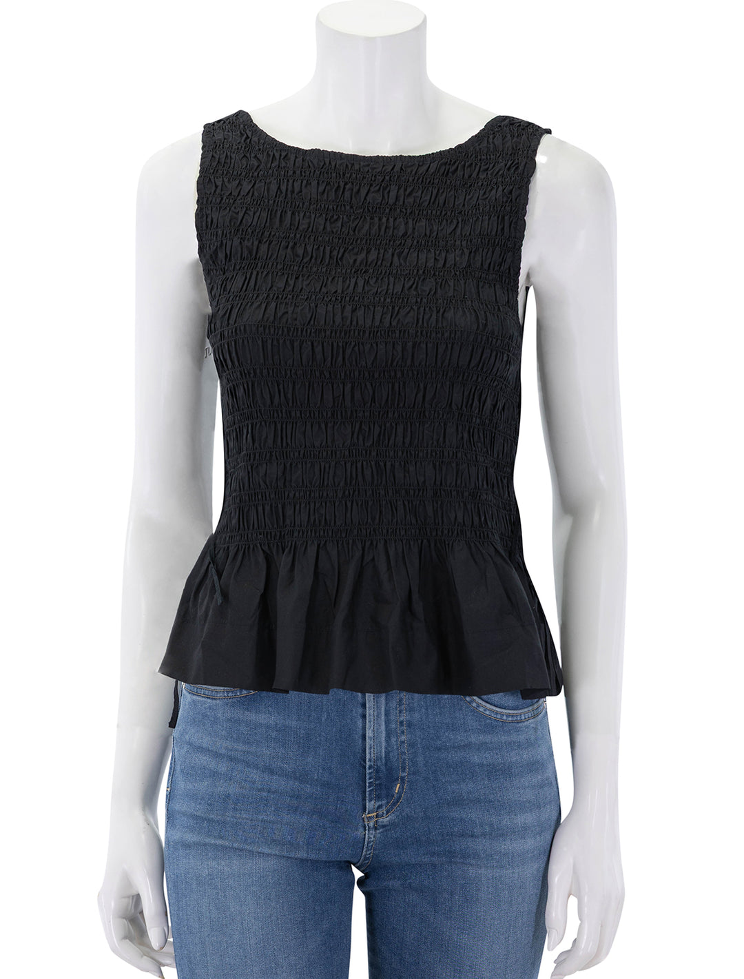 front view of smock tie string top in black