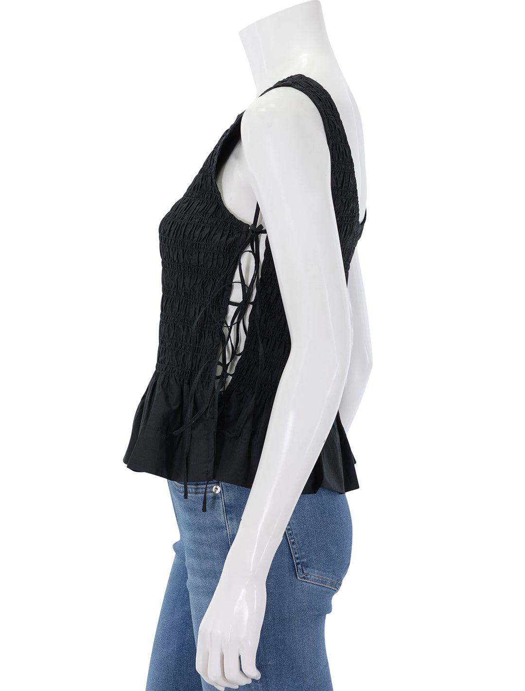 side view of smock tie string top in black