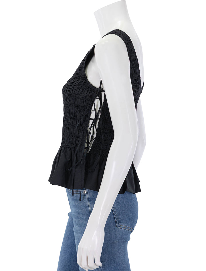 side view of smock tie string top in black