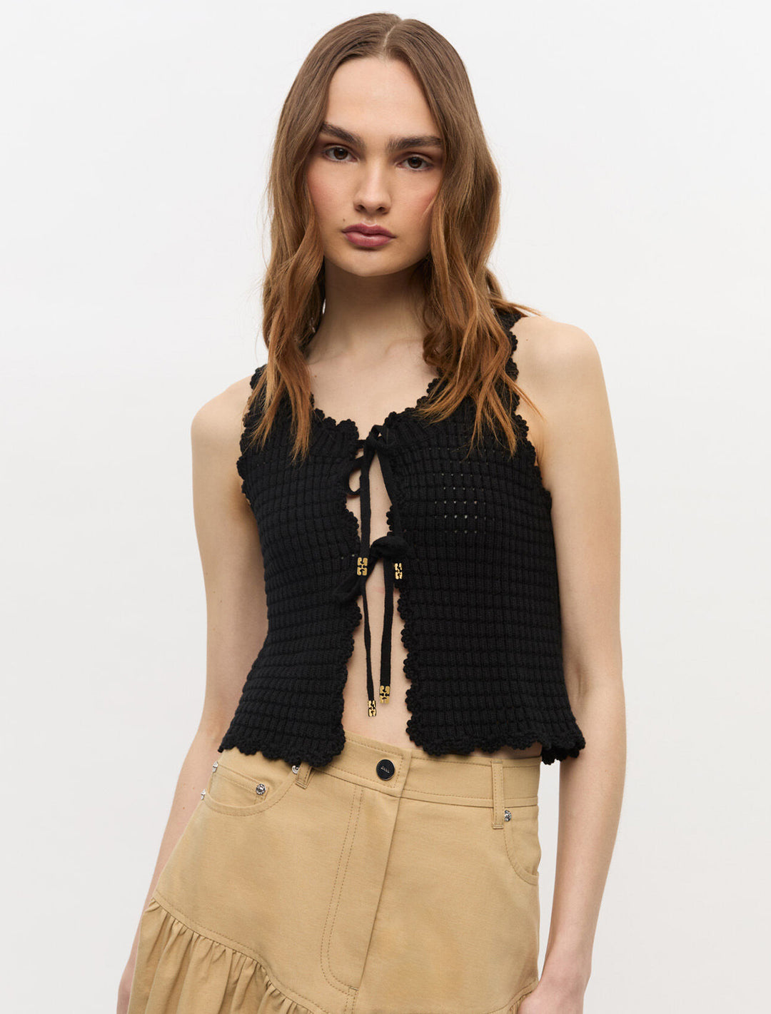 cotton textured lace top in black