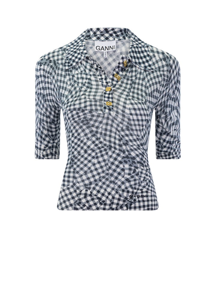 sheer cotton printed polo in black