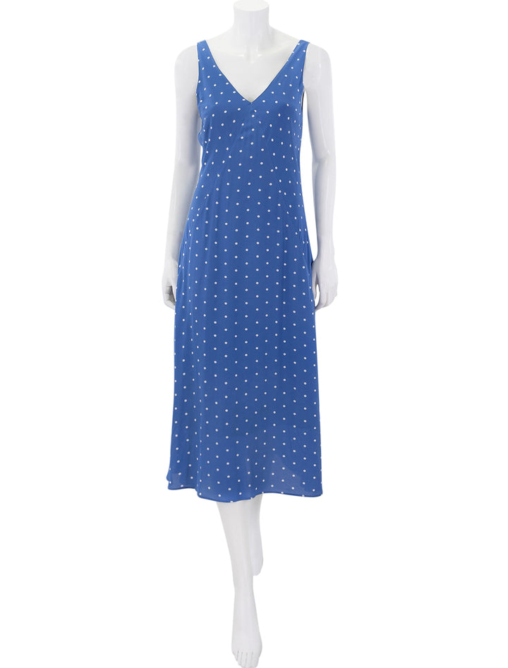 flora dress in blue with white dots
