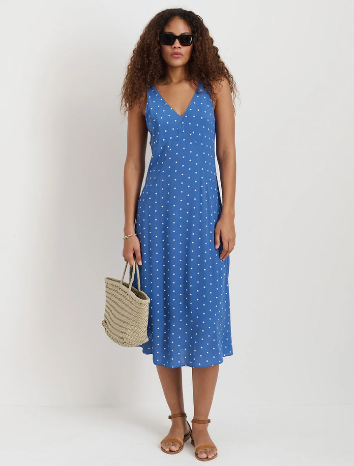 flora dress in blue with white dots