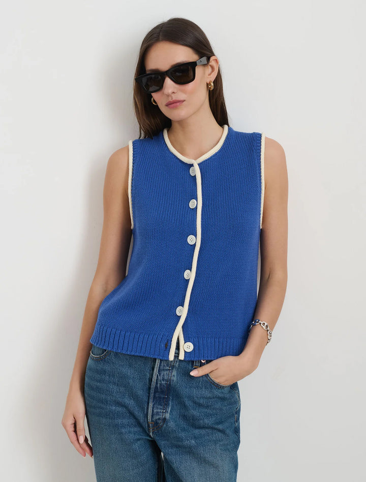 bridget tipped vest in cosmic blue with ivory