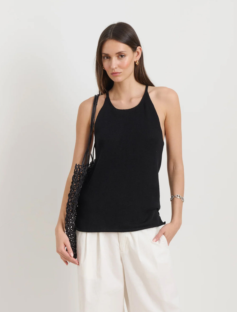 model wearing josie tank in black linen cotton