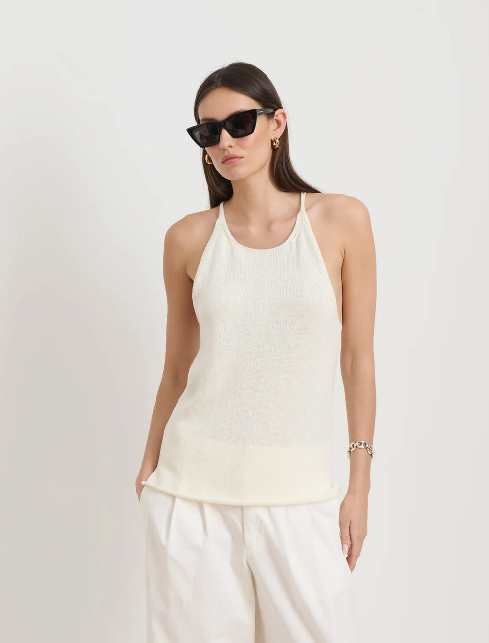 model wearing josie tank in pearl linen cotton
