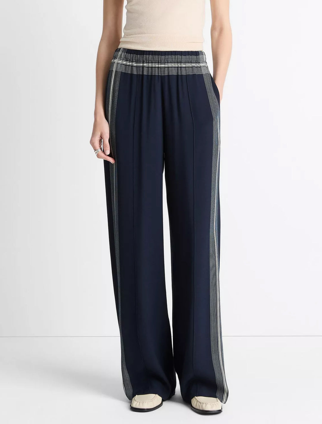 model wearing handkerchief stripe pull on pants in coastal and pale canyon