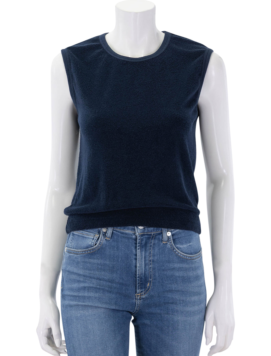 front view of ellie loop terry tank in navy