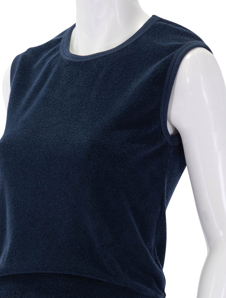 close up view of ellie loop terry tank in navy