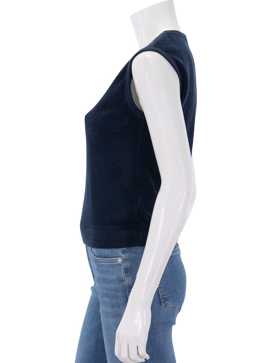 side view of ellie loop terry tank in navy