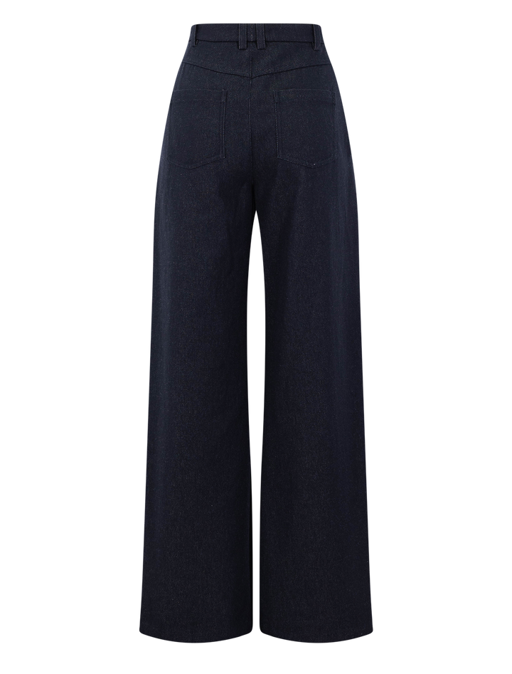 high waist cotton twill wide leg trouser in deep indigo