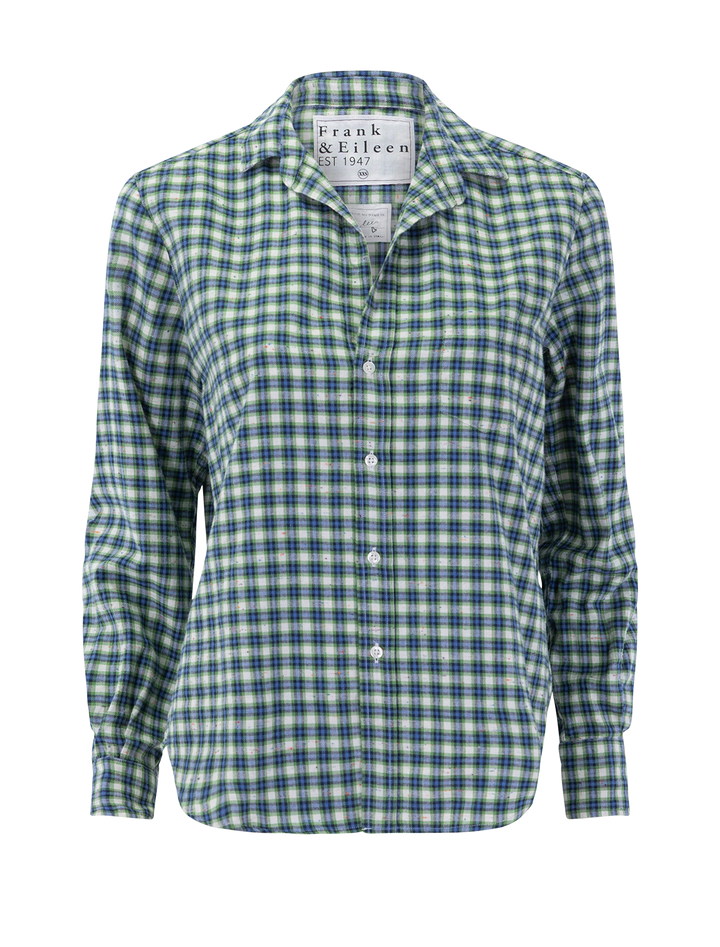 eileen in blue, green, navy and white plaid