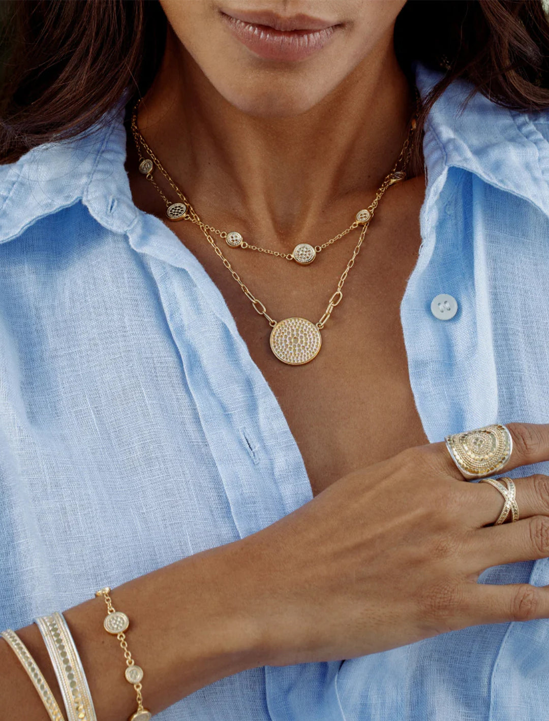 gold disc and double chain necklace