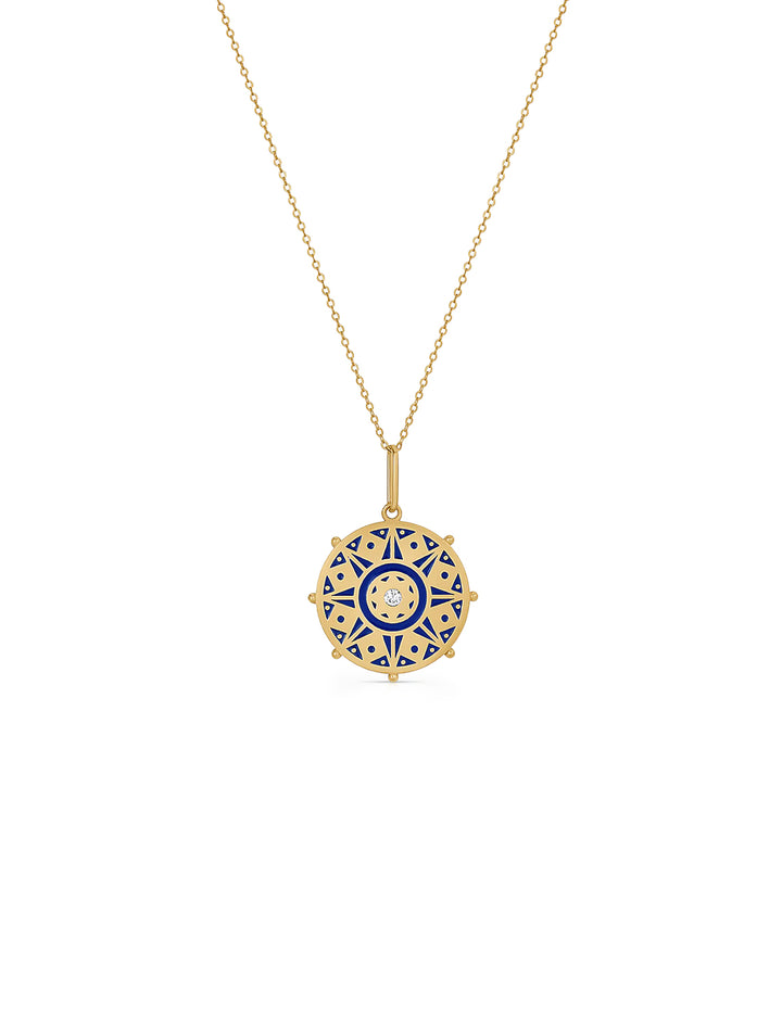 karmic wheel blue enamel necklace