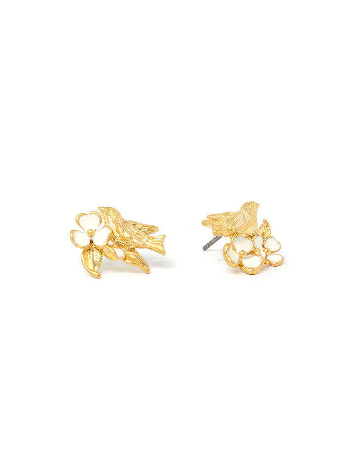 whimisical enamel bird and flower studs in white