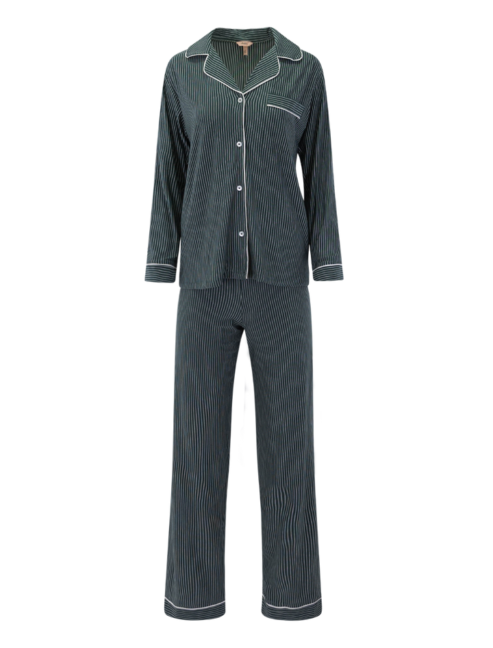gisele long pj ribbon set in duo stripe pine and ivory