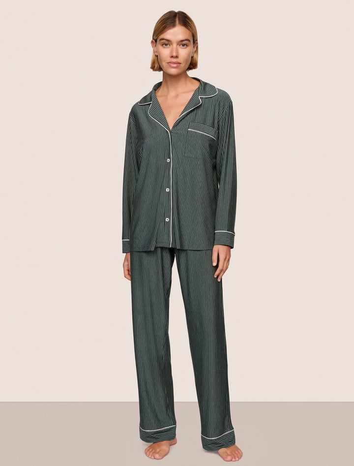 gisele long pj ribbon set in duo stripe pine and ivory