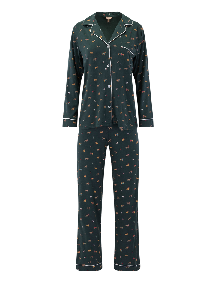 gisele long ribbon pj set in holiday dogs pine and ivory