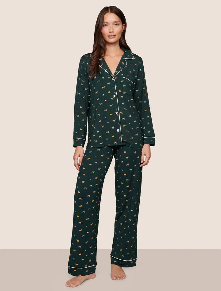 gisele long ribbon pj set in holiday dogs pine and ivory