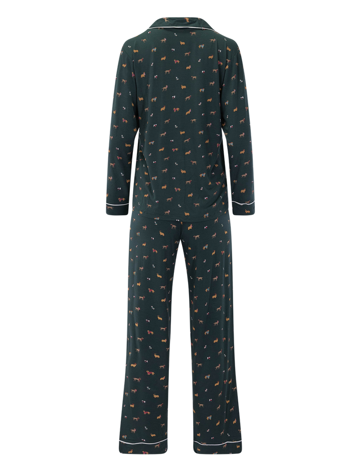 gisele long ribbon pj set in holiday dogs pine and ivory