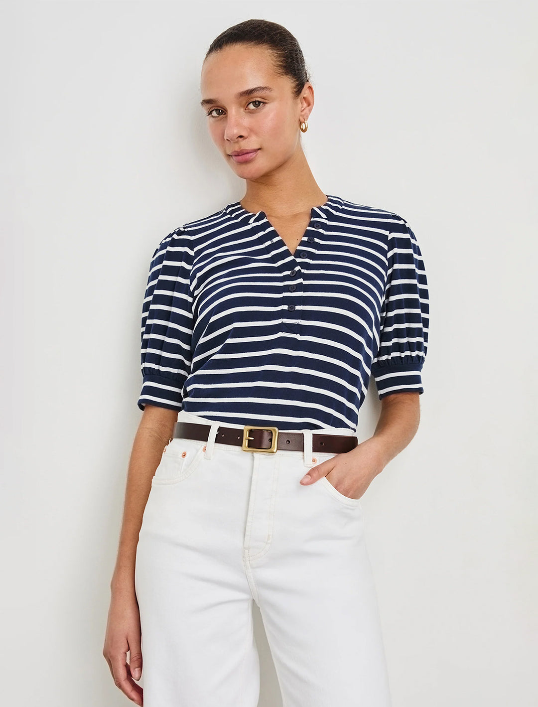 jewel top in navy and ivory stripe