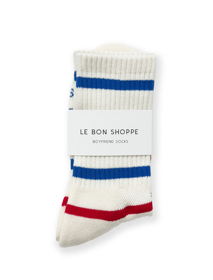 striped boyfriend socks in red and blue stripe