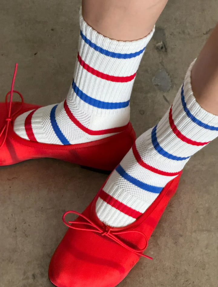 striped boyfriend socks in red and blue stripe