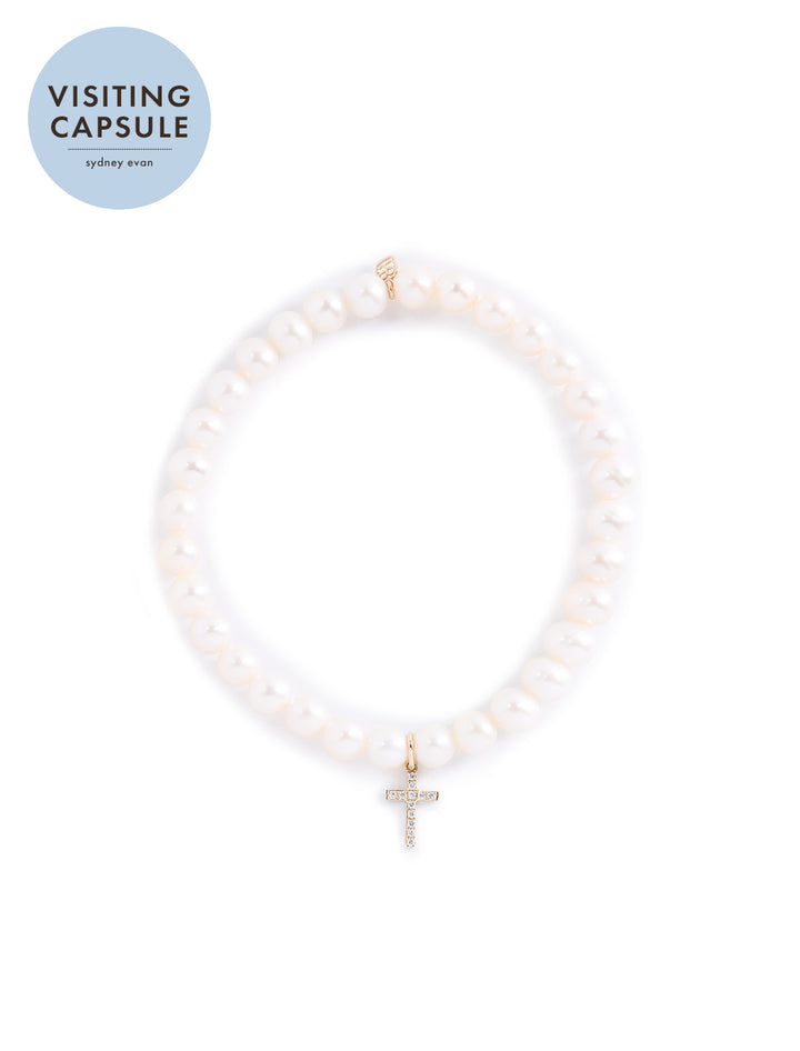 fresh water pearl beaded bracelet with diamond cross charm