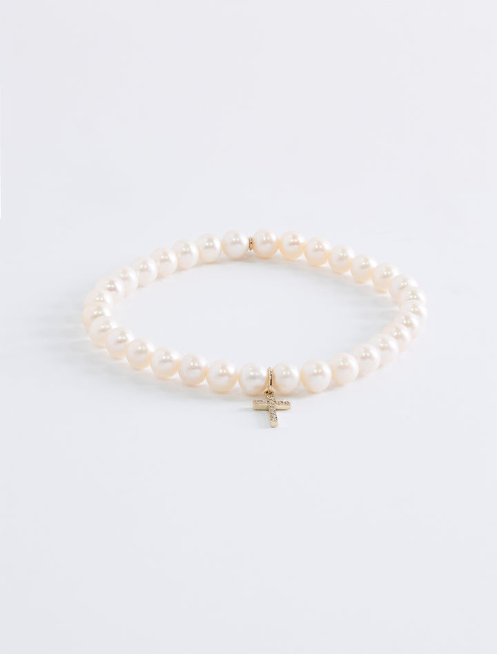 fresh water pearl beaded bracelet with diamond cross charm