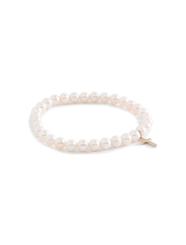 fresh water pearl beaded bracelet with diamond cross charm