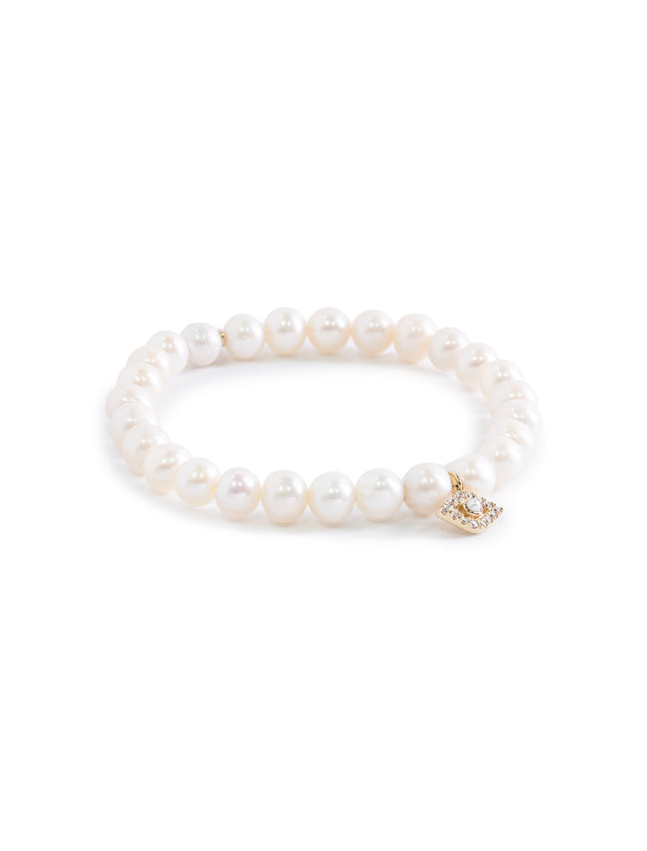 fresh water pearl beaded bracelet with bezel evil eye charm