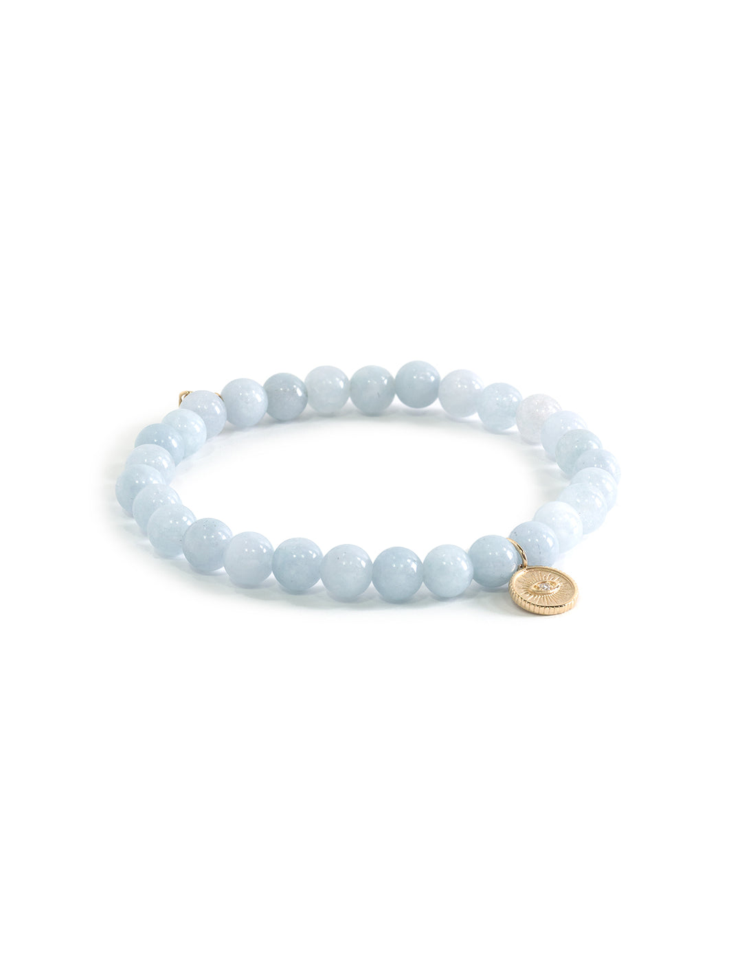 aquamarine beaded bracelet with gold marquise eye coin charm