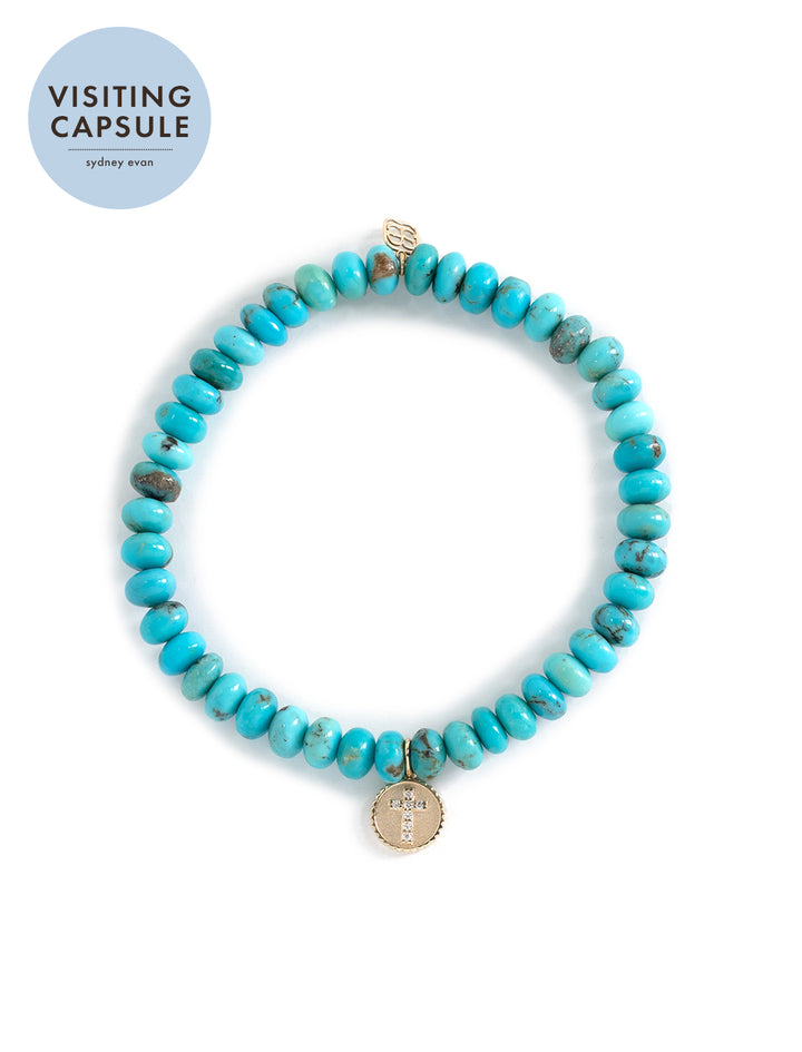 turquoise beaded bracelet with gold and diamond tiny cross coin charm