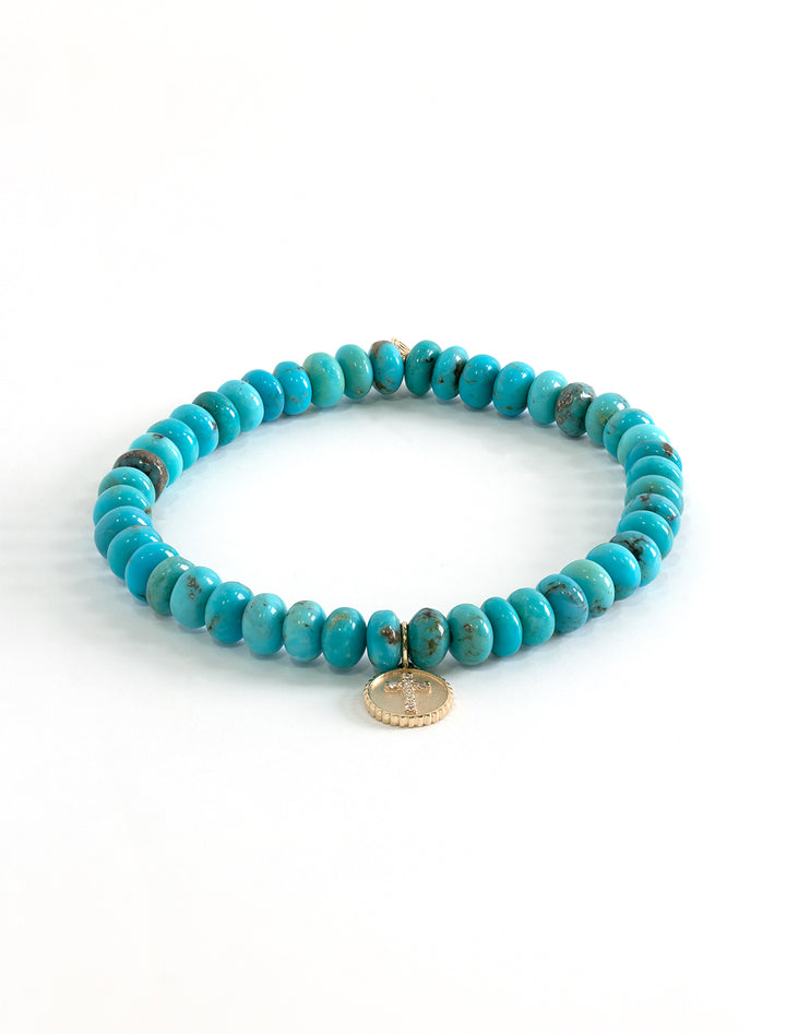 turquoise beaded bracelet with gold and diamond tiny cross coin charm