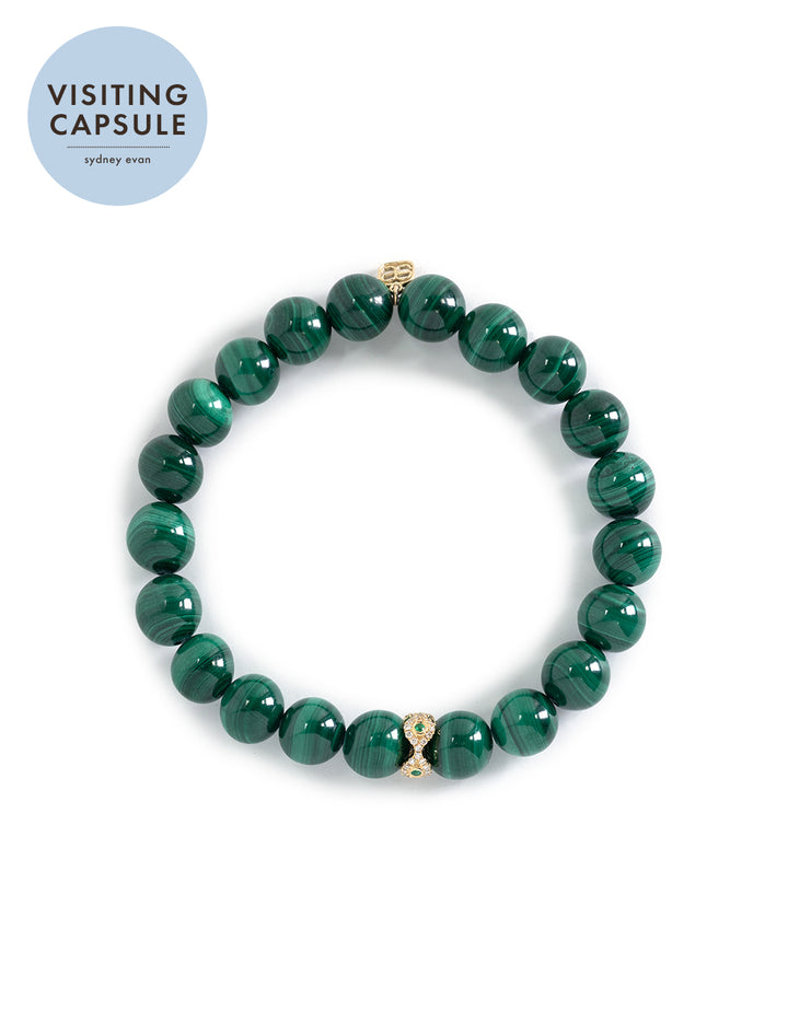 malachite smooth round beaded bracelet with 8mm evel eye rondelle