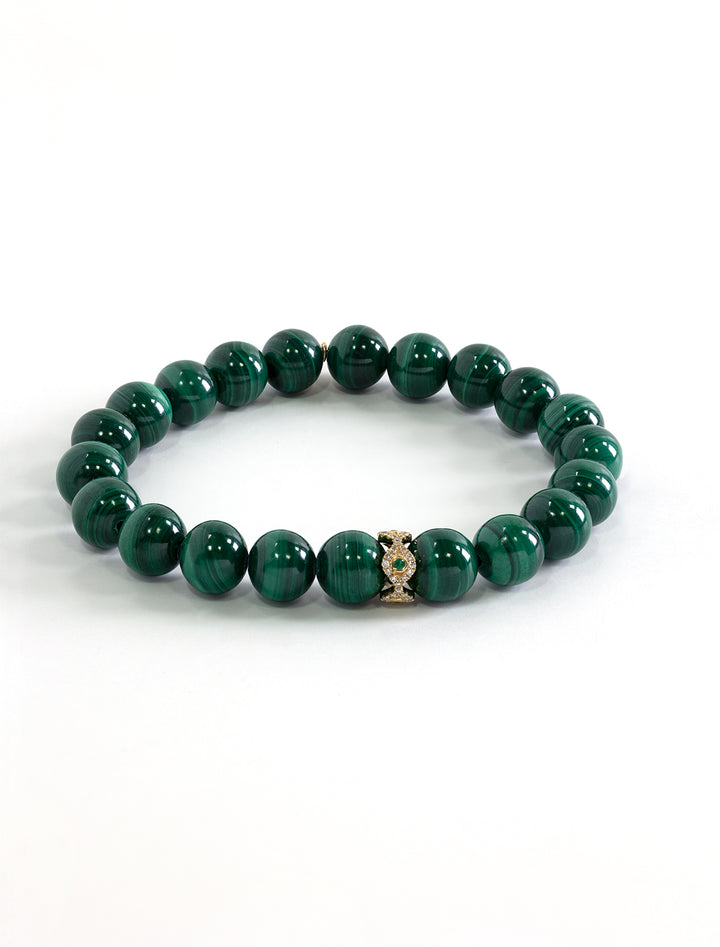 malachite smooth round beaded bracelet with 8mm evel eye rondelle