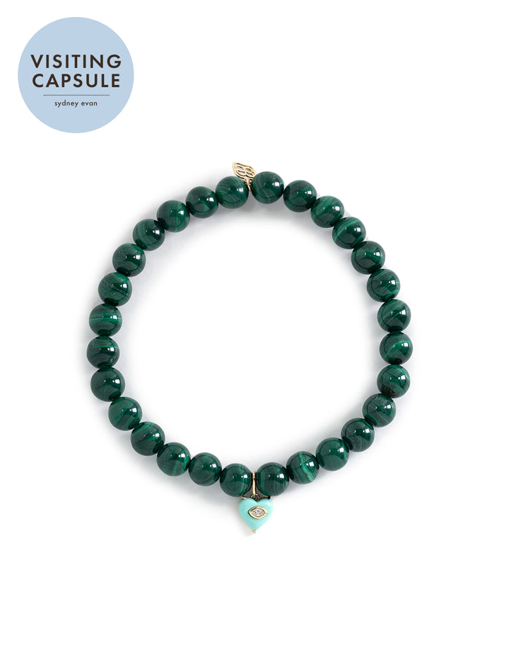 malachite smooth round beaded bracelelt with carved stone bezel heart charm