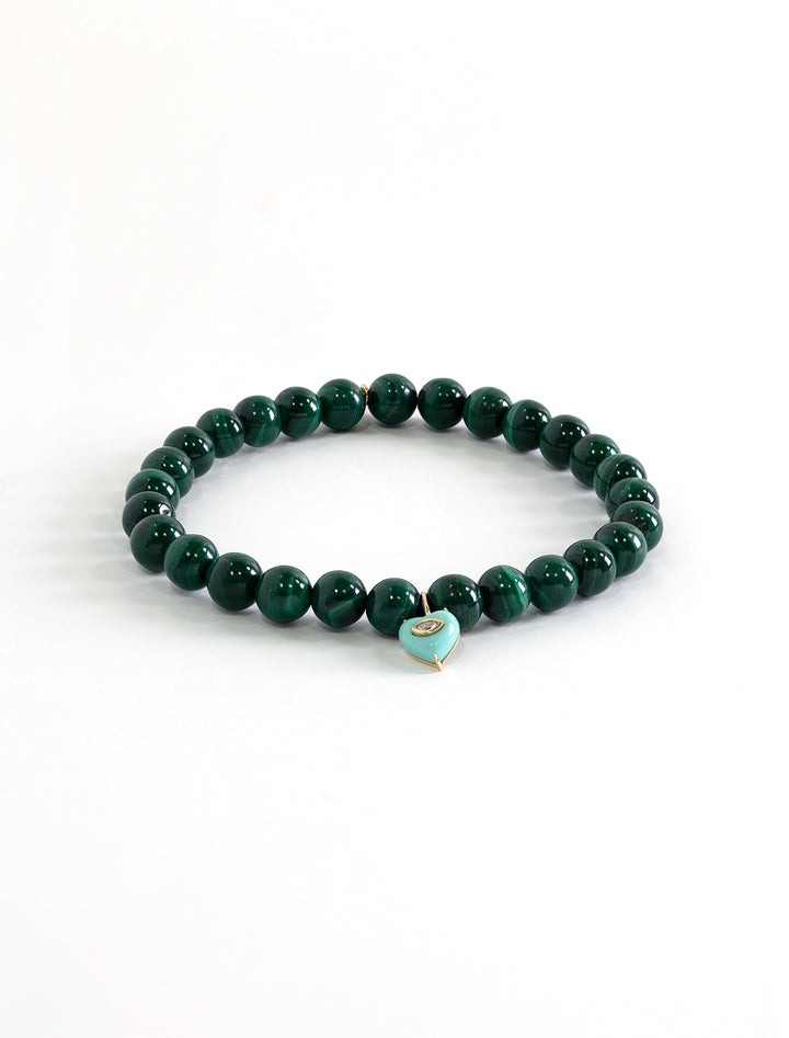 malachite smooth round beaded bracelelt with carved stone bezel heart charm