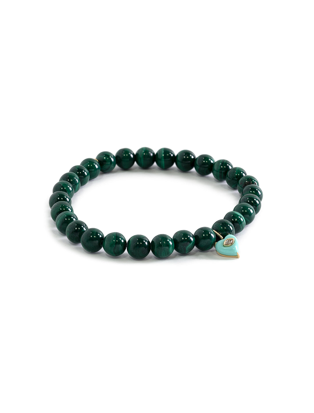 malachite smooth round beaded bracelelt with carved stone bezel heart charm