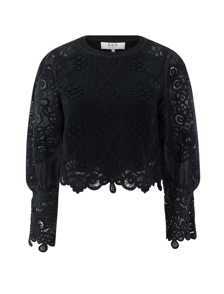 vania lace combo sweater in black