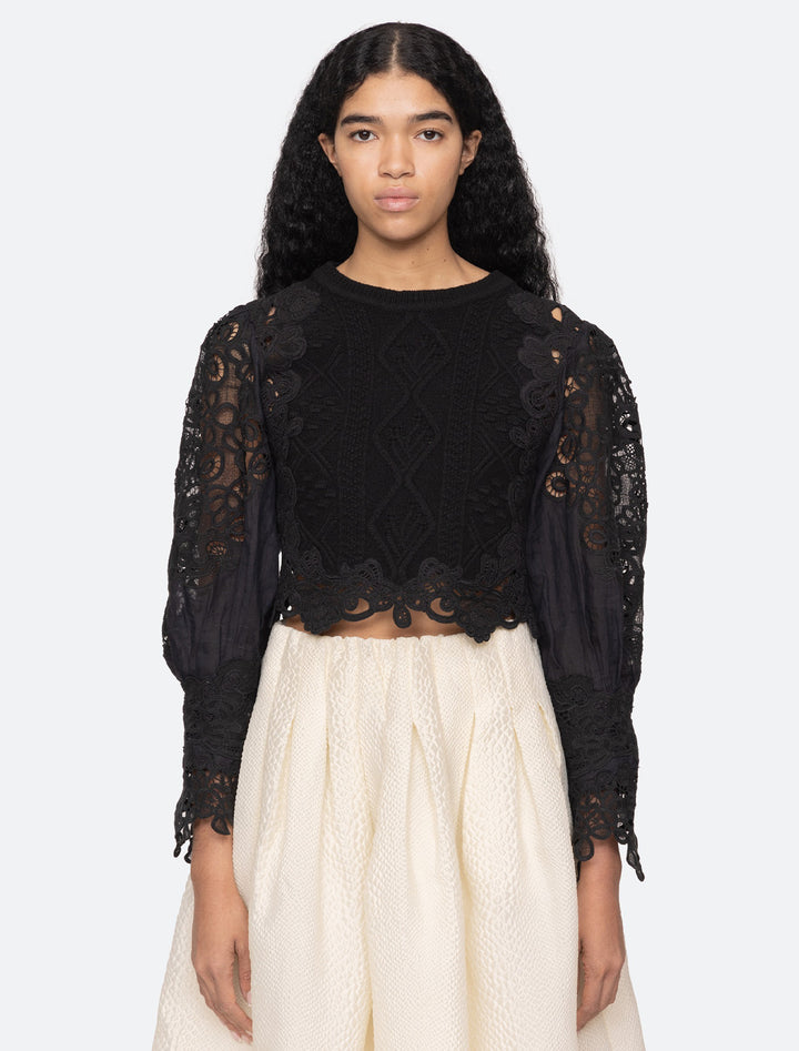 vania lace combo sweater in black