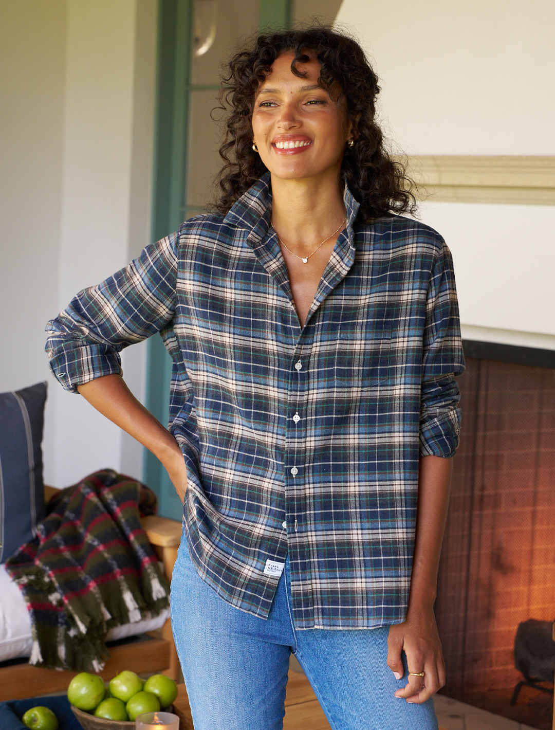 eileen in grey, yellow, and blue plaid