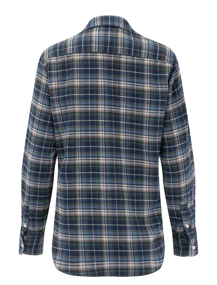 eileen in grey, yellow, and blue plaid