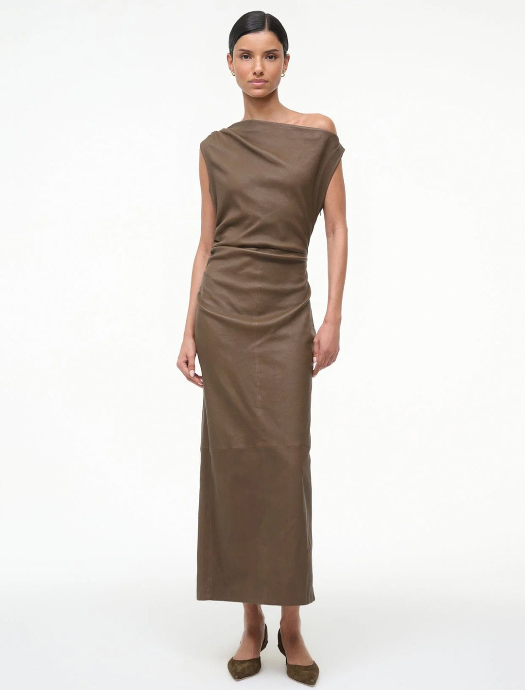 phare leather dress in truffle