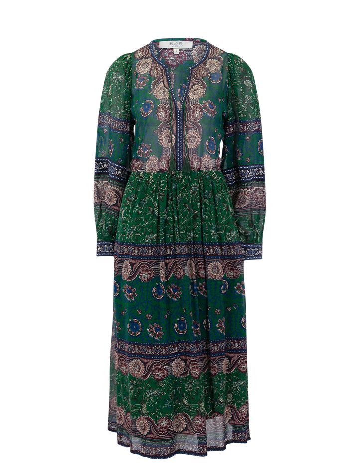 melba print long sleeve midi dress in green