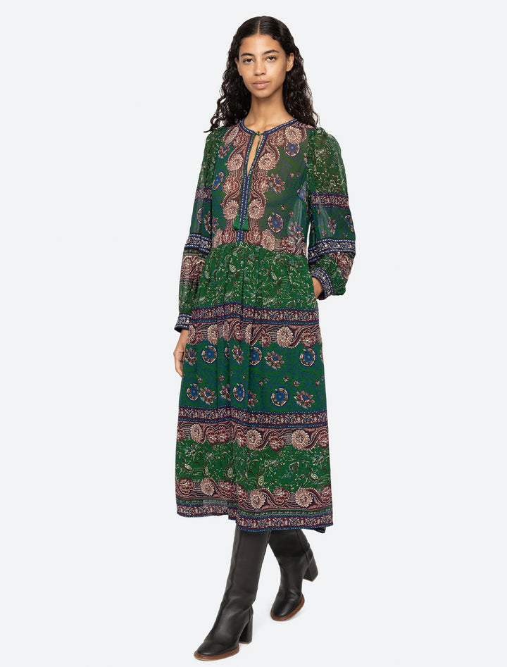 melba print long sleeve midi dress in green