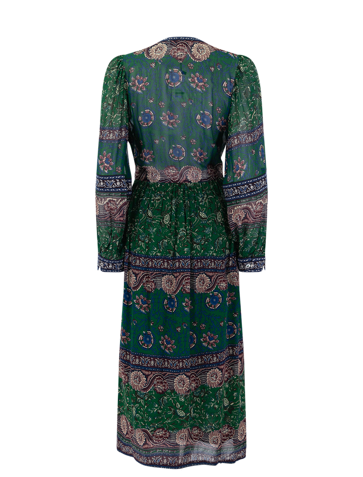 melba print long sleeve midi dress in green