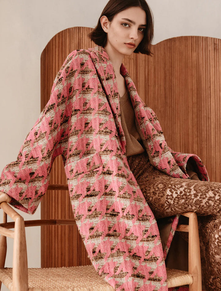 oversized swing coat in pink houndstooth