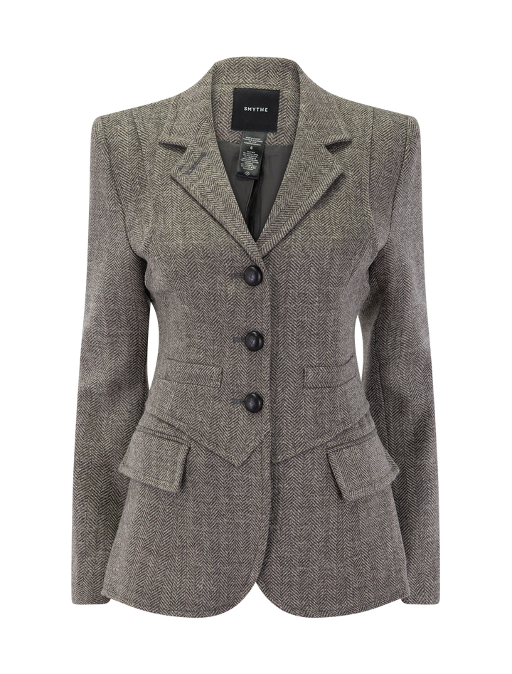 three button blazer in mushroom herringbone