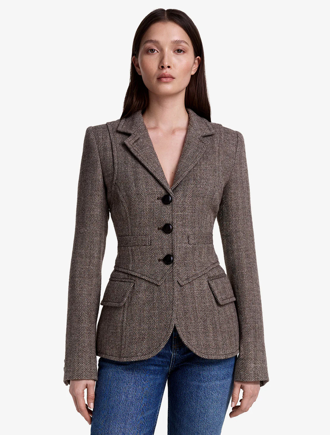 three button blazer in mushroom herringbone